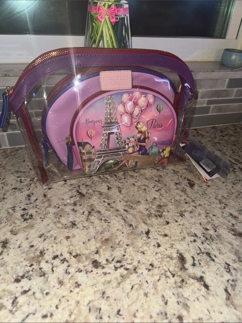 Nicole Lee Clear Pink Paris Eiffel Cosmetic 3 Pouch Set